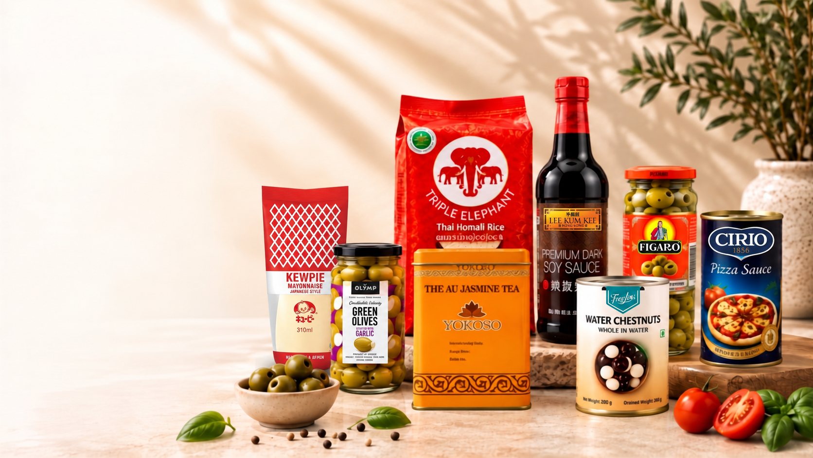 MRK Foods' curated international brand portfolio including Kewpie, Triple Elephant, Lee Kum Kee, Figaro and Cirio, displayed on a bright sunlit tabletop